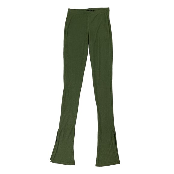 PrettyLittleThing Trouser Pant Womens 2 Khaki Green Brushed Rib Flared Split Hem - Picture 1 of 13